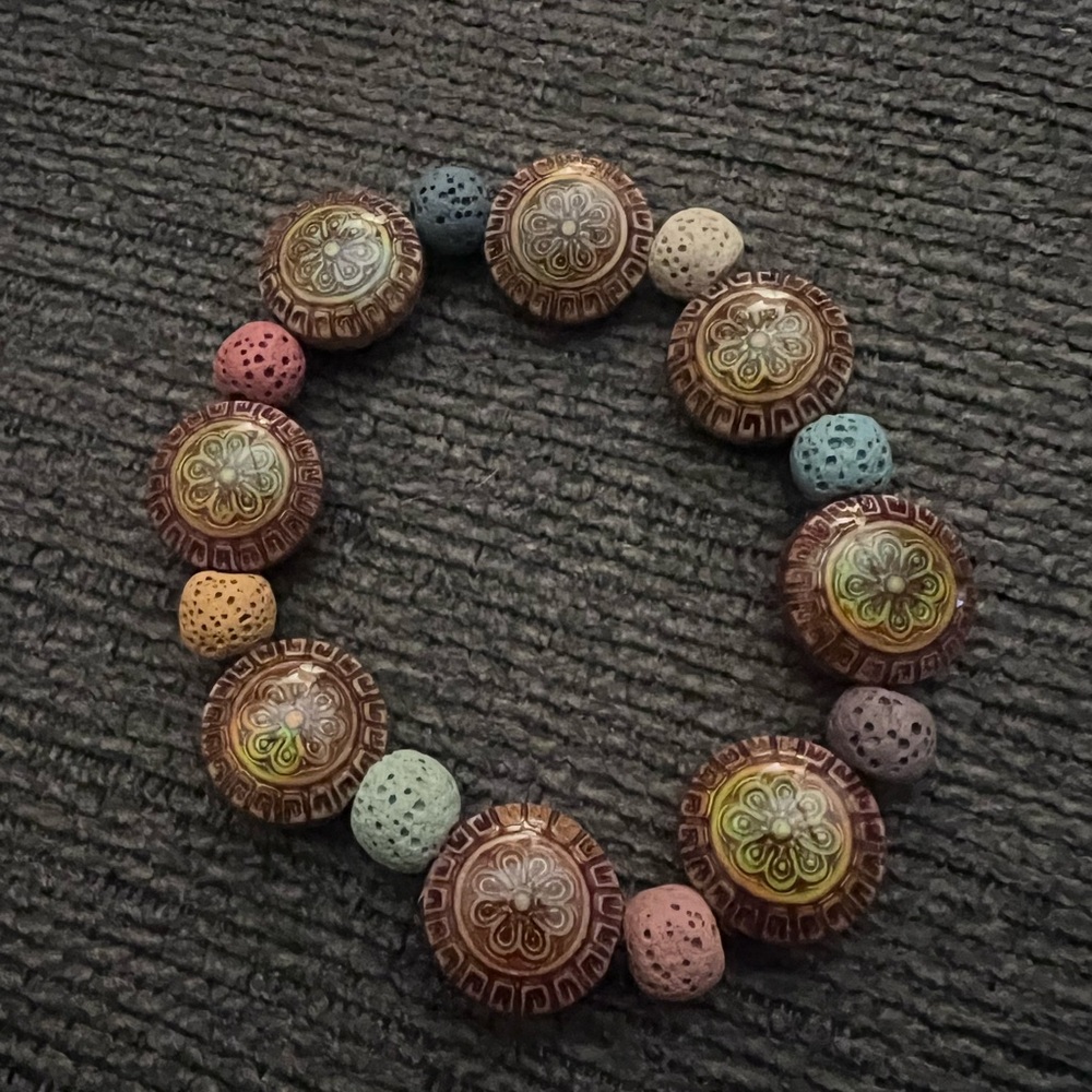 Boho Multicolor Lava Stone and Carved Wood Beaded Stretch Bracelet